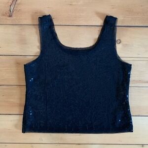 Issey Miyake A-POC Black Sequin Sleeveless Top Mesh Trim Large